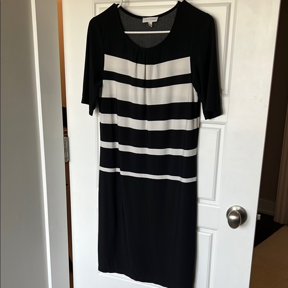 Black and Cream Sheath Midi Dress with 3/4 Sleeves